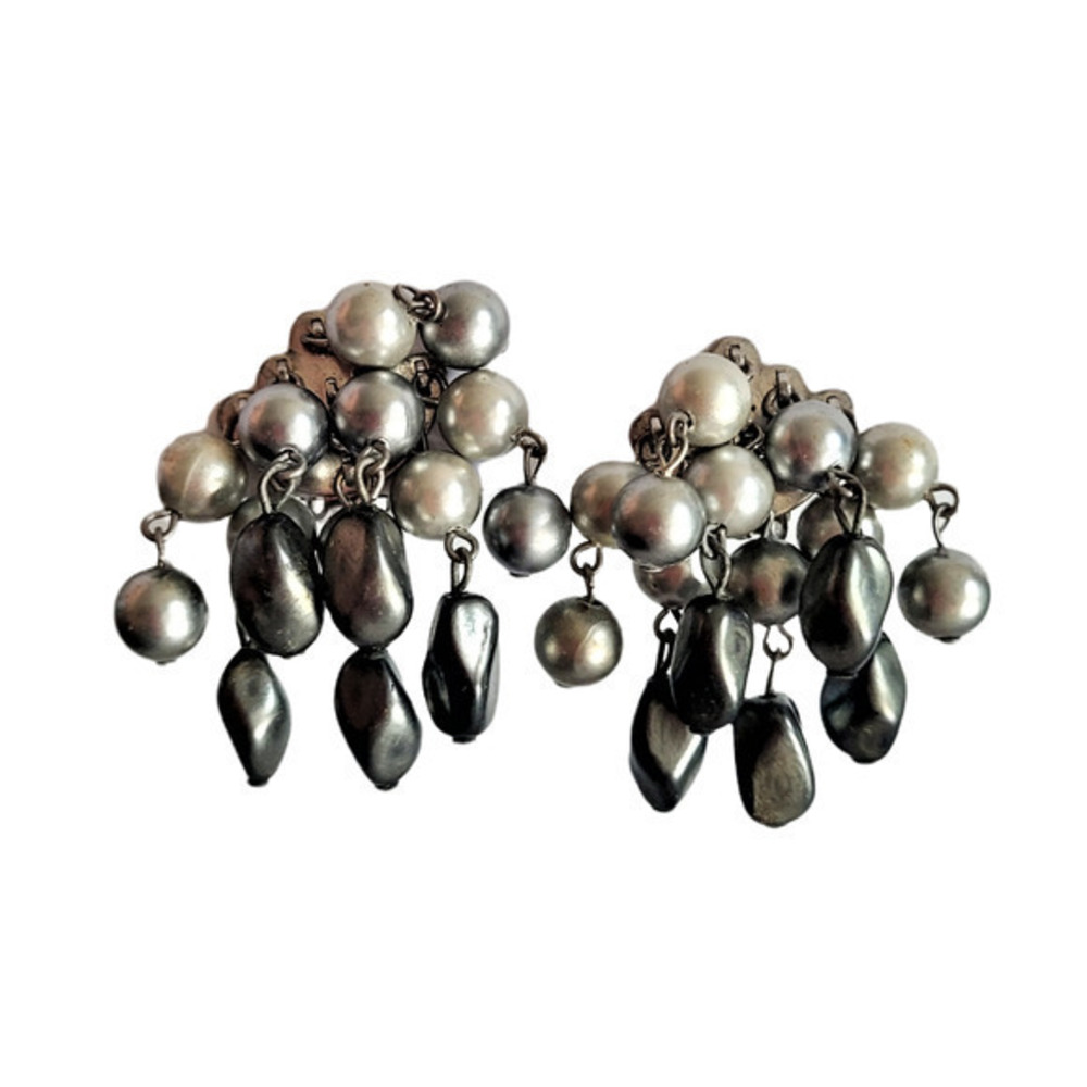 HP Vintage Gray Iridescent Beaded Dangle‎ Chandelier Statement Clip On Earrings